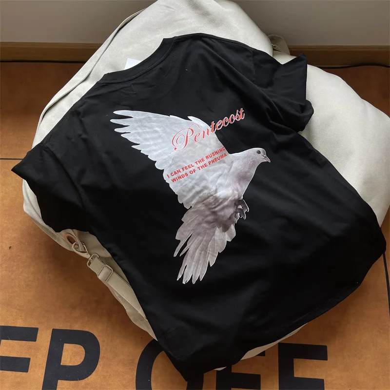 

Summer 24ss New RRR123 Black Peace Dove T-shirt High Street Vintage Casual High Quality Mens Womens Tee Tops