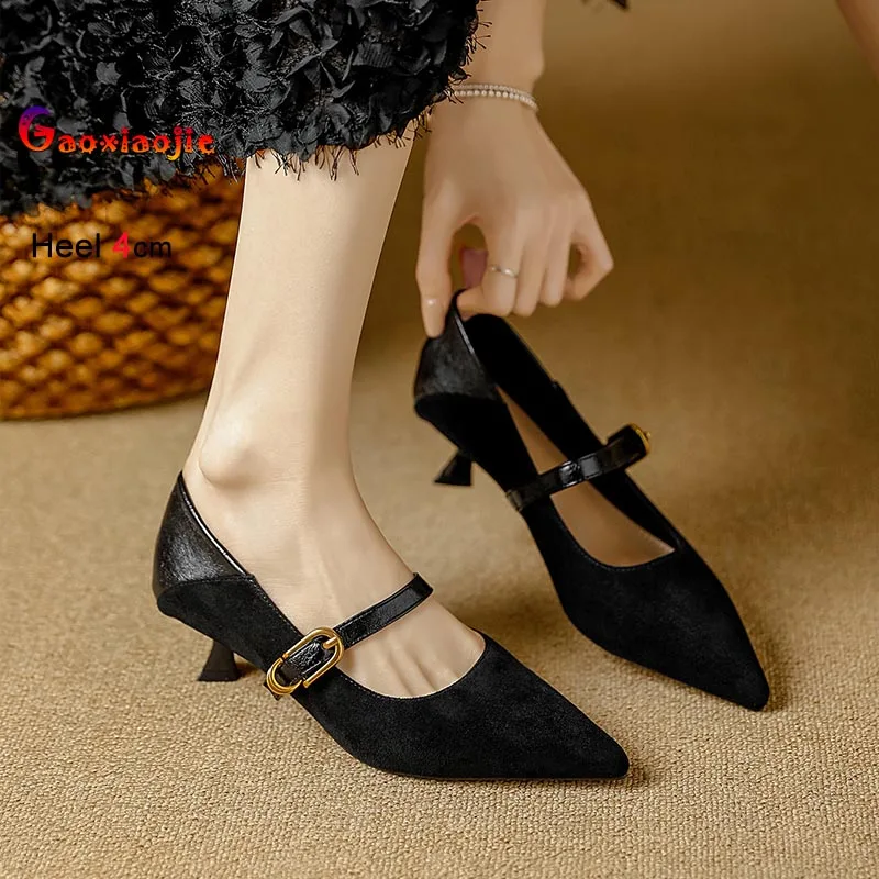 

Spring New High Heels Women's Single Shoes Fashion 4CM Medium Heel Soft Leather Shoes One Word Strap Shallow Mouth Ladies Pumps