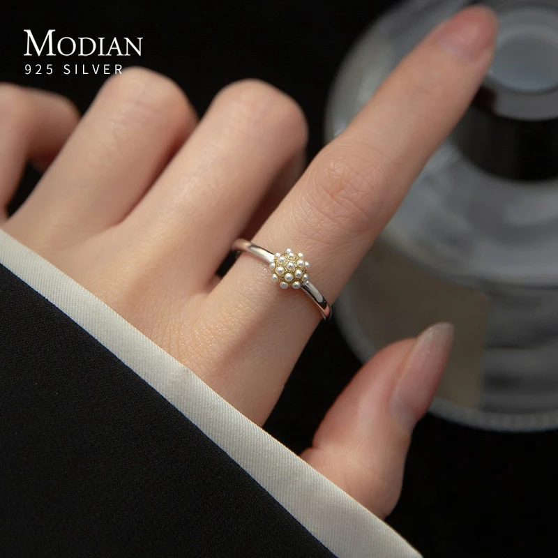 

MODIAN Real 925 Sterling Silver Elegant Round Pearls Finger Rings For Women Adjustable Rings Anniversary Engagement Jewelry