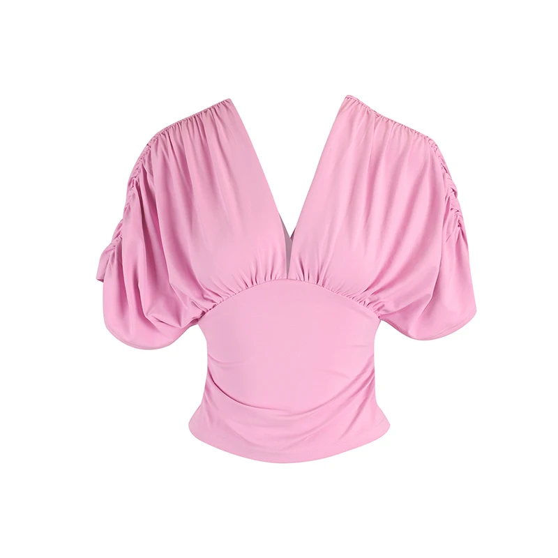 T-Shirt mit V-Ausschnitt für Damen, lässig, plissiert, kurzärmelig, modisch, sommerlich, schmal geschnitten, Basic, vielseitig, sexy, süß, einfarbig, elegant, Streetwear – Detail 11