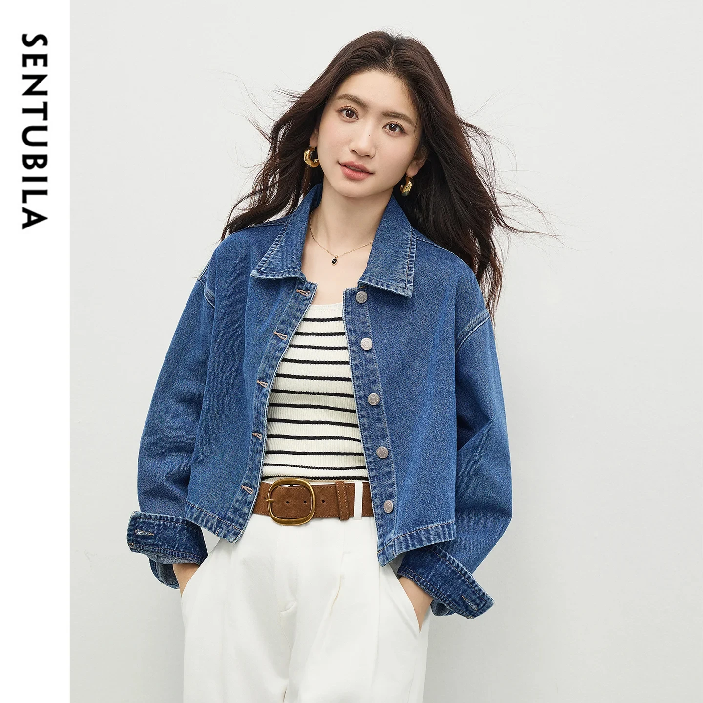 

SENTUBILA Women Cropped Denim Jacket 2026 Spring Fall Cotton Blend Casual Long Sleeve Denim Outerwear Ladies Clothing W61WD6200