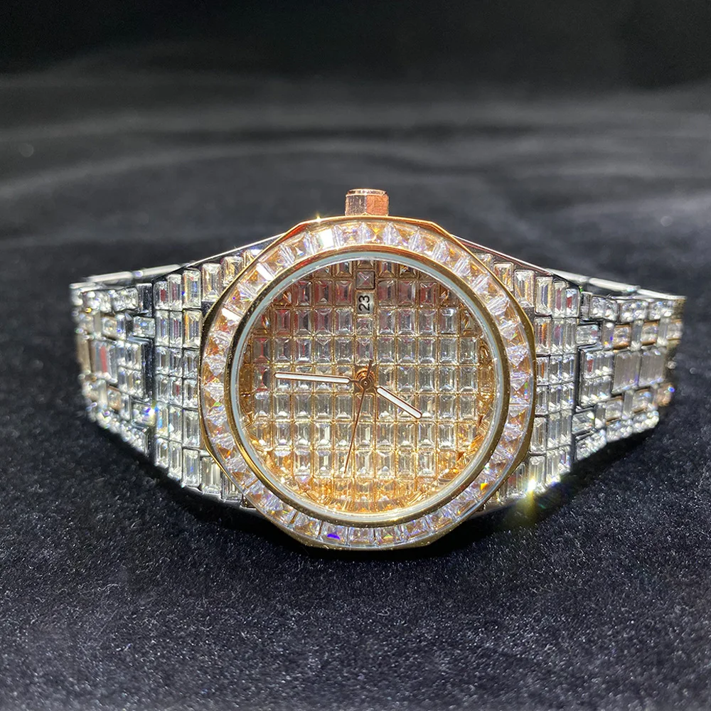 Jam Tangan Quartz Batu Mewah untuk Pria Wanita Hip Hop Warna Emas dengan Tanggal, Tahan Air, dan Bercahaya, Jam Tangan Fashion