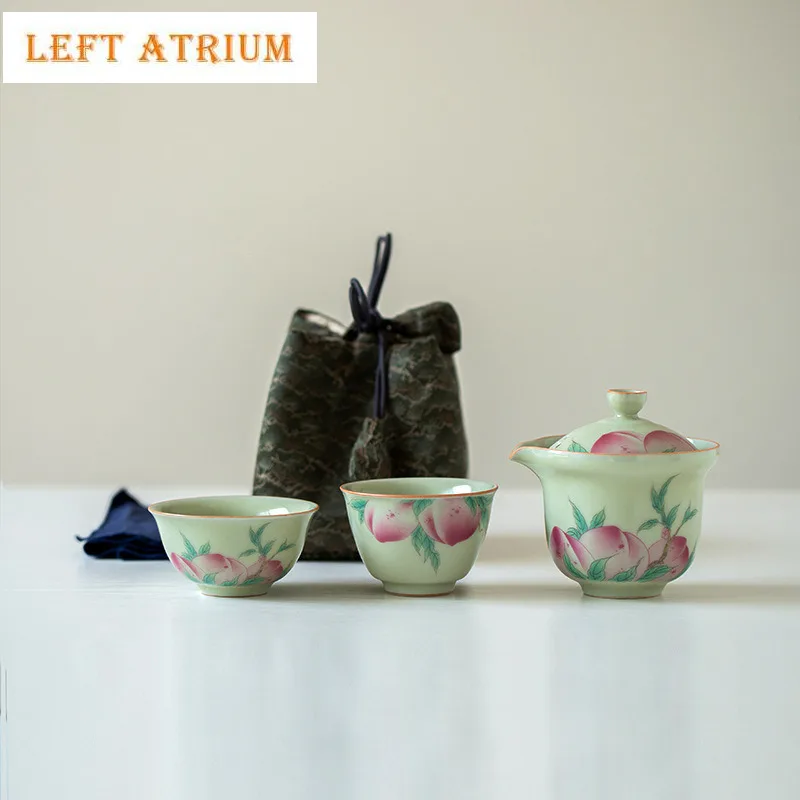 

Ru Kiln Hand Painted Longevity Peach Travel Tea Set Kit Creative 1 Pot 2 Cups Tea Brewing Organizer Portable Camping Tote Bag