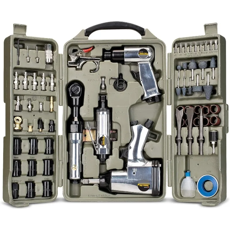 Air Tool and Accessories Kit, 71 Piece, Impact Wrench, Air Ratchet, Die Grinder, Air Hammer, Hose Fittings, Storage Case