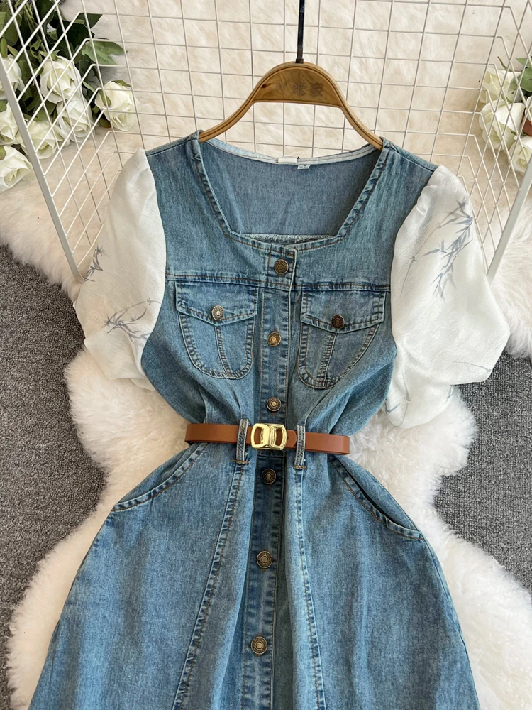 Summer 2024 Denim Dress New Patchwork Bubble Sleeve with Belt Over Knee Length Oversized Skirt Dresses