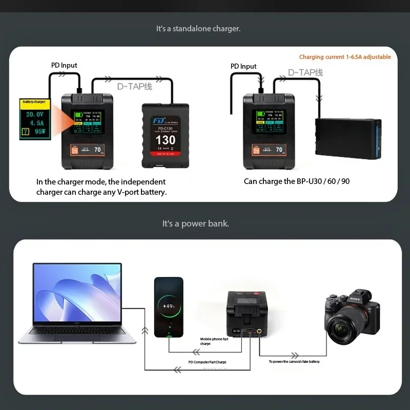 Feidu FD-T70/140/210 V-Mount Camera Battery Large Capacity V Battery Small SLR Flash Monitoring Feidu FD-M70 FD-M140 FD-M210