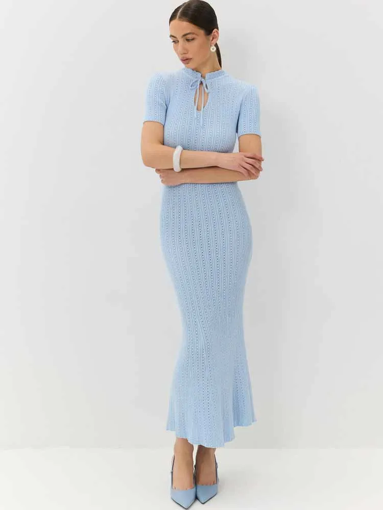 MCDV Elegante Gebreide Lace-Up Jurk Vrouwen Sexy Solid Hollow Out Korte Mouw Bodycon Hoge Taille Party Vakantie lange Jurk 2025