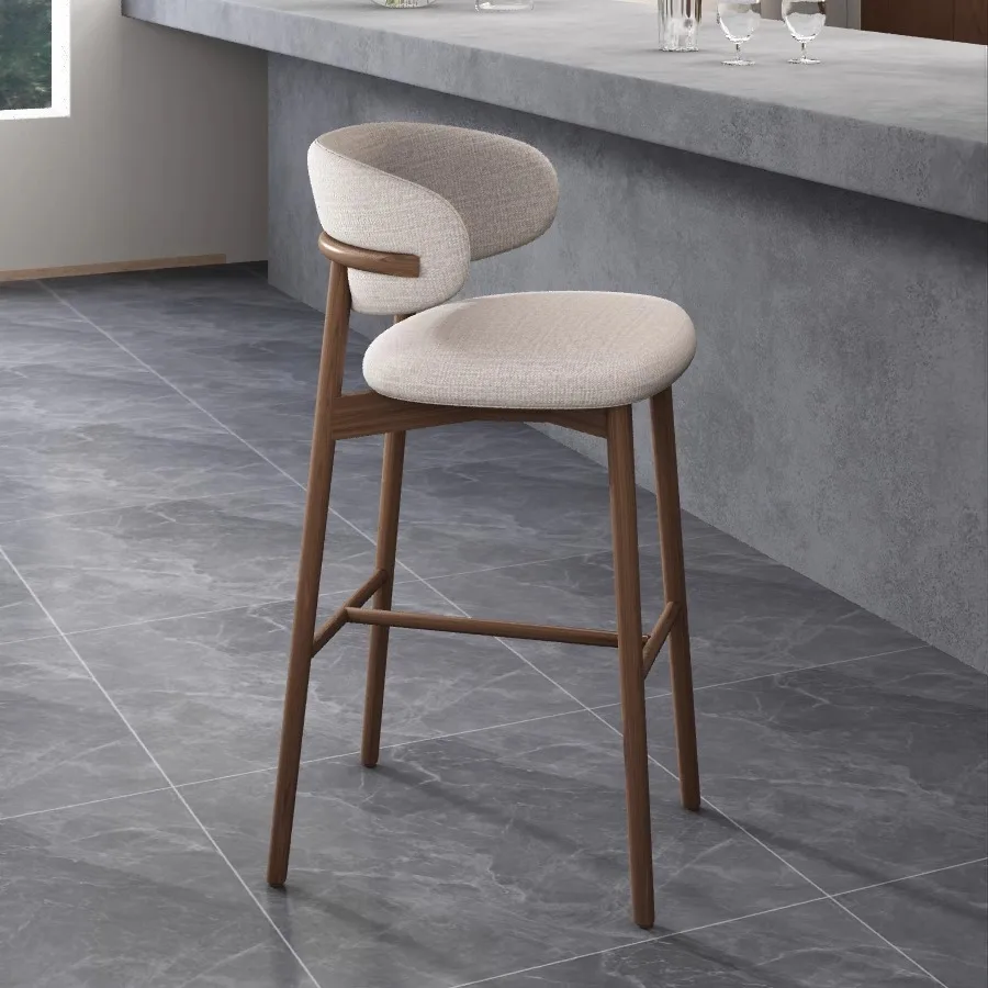 

Solid wood wabi high chair silent wind designer Nordic simple cotton and linenbar chair light luxury home bar island stool