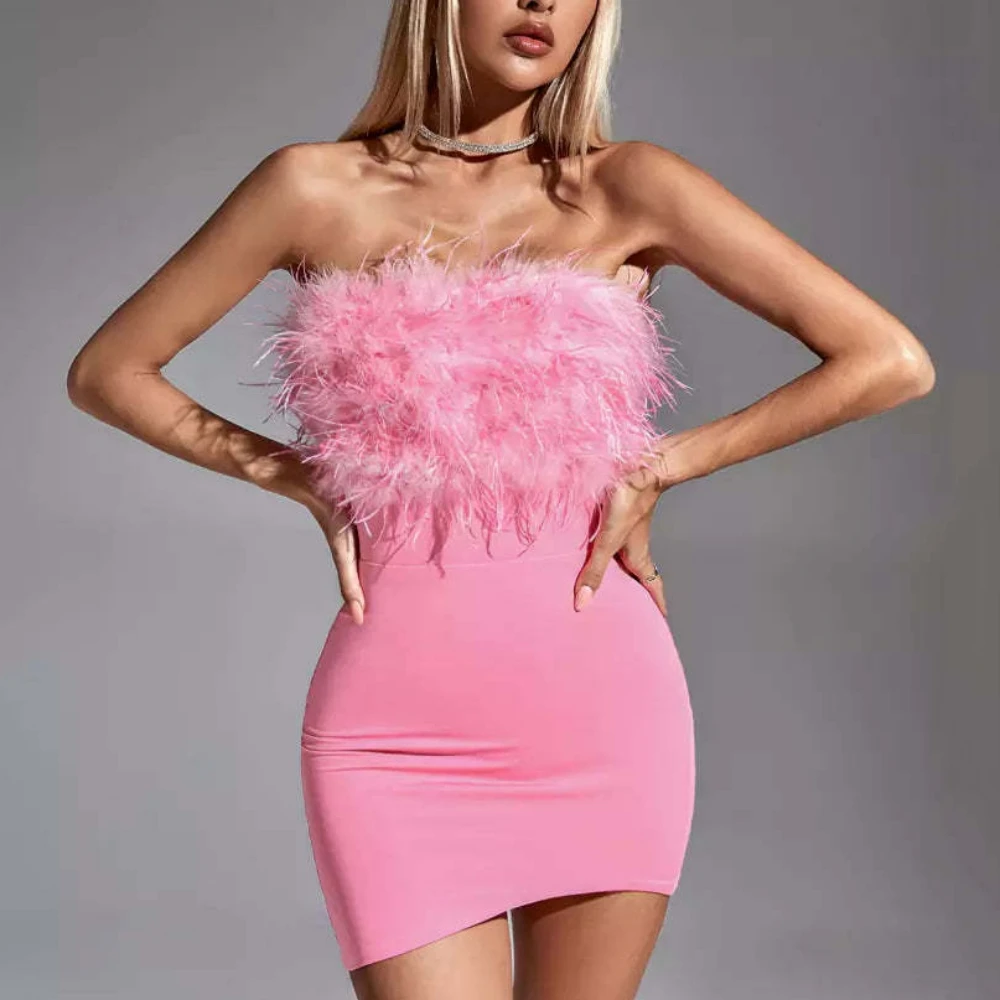 Sexy Evening Dress Mini Strapless With Feathers Prom Gowns Hip-Covering Party Dresses New Arrival Vestidos De Fiesta