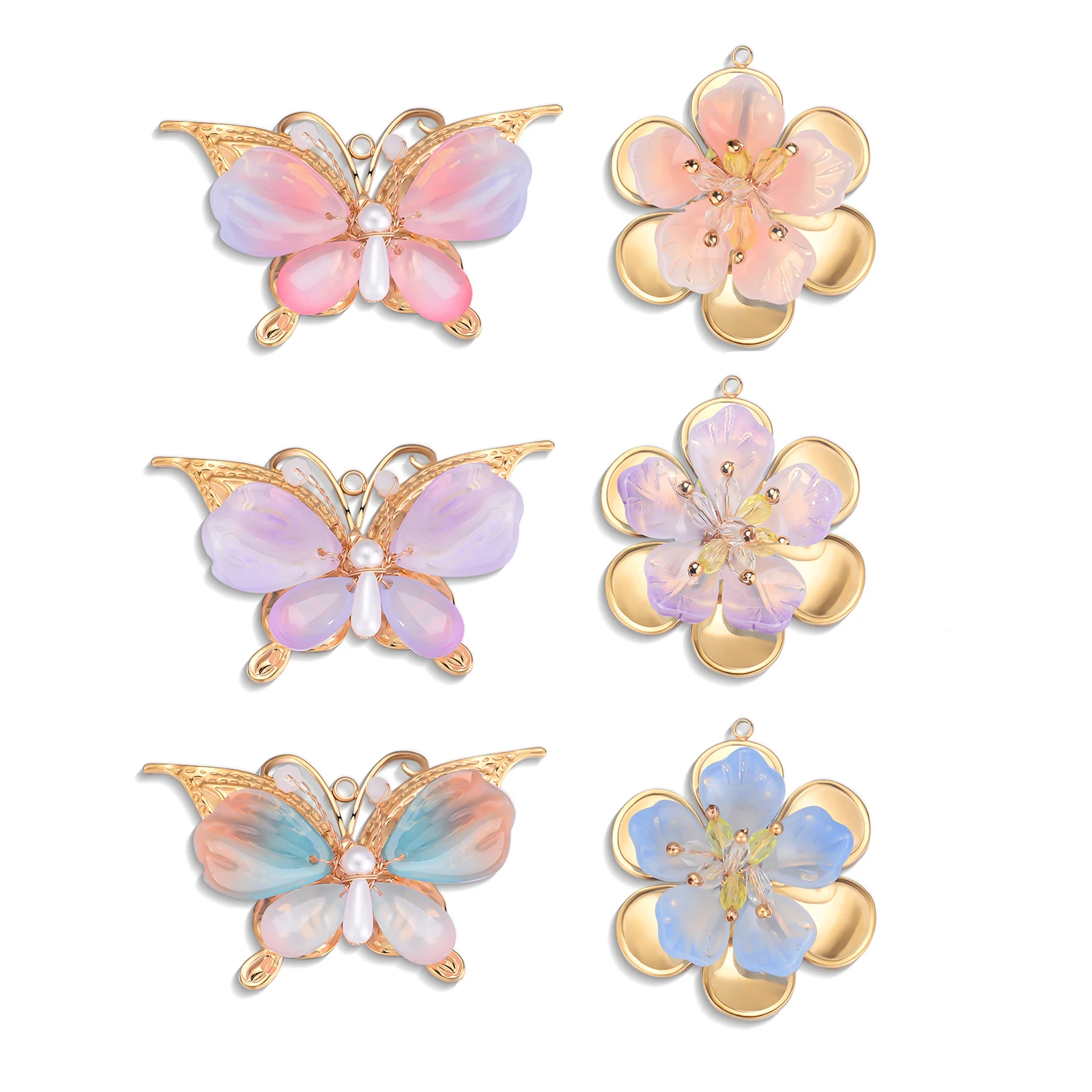 

3Pcs 18K Gold Color Flower Butterfly Charms Pendants Stainless Steel Diy Jewelry Making Hair/ Clothing/Shoes Jewelry Accessories