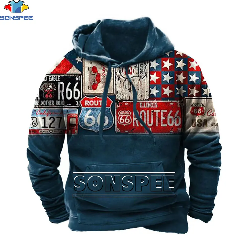 SONSPEE Hoodie Cetak 3D Sweter Musim Dingin 2023 Pria Atasan Pria Bertudung Antik Grafis Route 66 Baju Longgar Jalanan