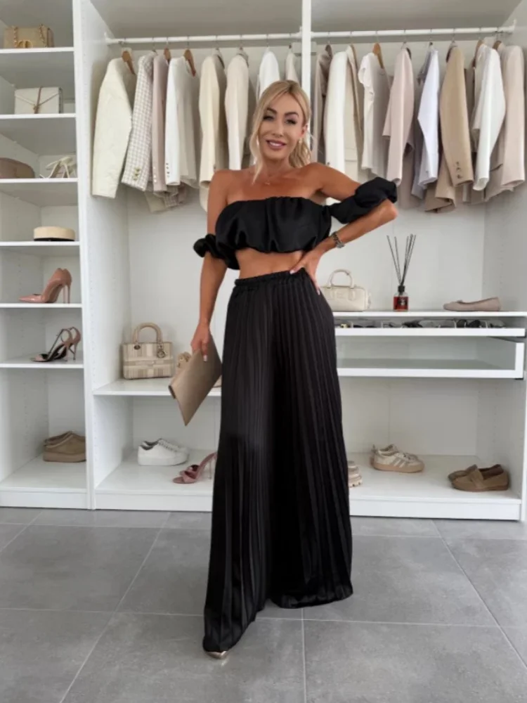 

Sister Star Summer Solid Color Temperament Smocked Pressed Pleated Pants Set Wholesale Temperament Commuting Two-piece Suit