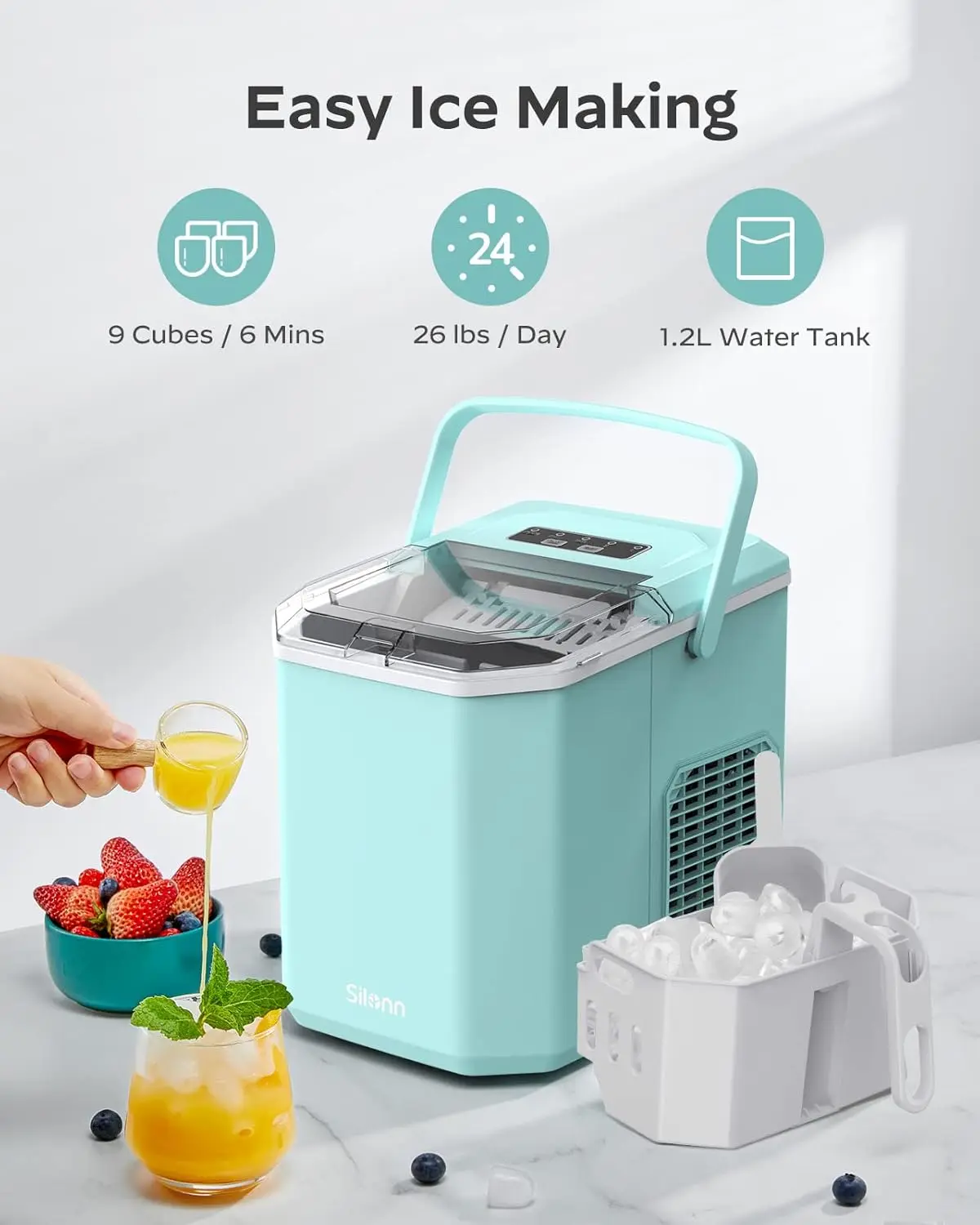 Ice Maker Countertop, Portable Machine with Carry Handle, Self-Cleaning Ice Makers with Basket and Scoop, 9 Cubes in 6 Mins