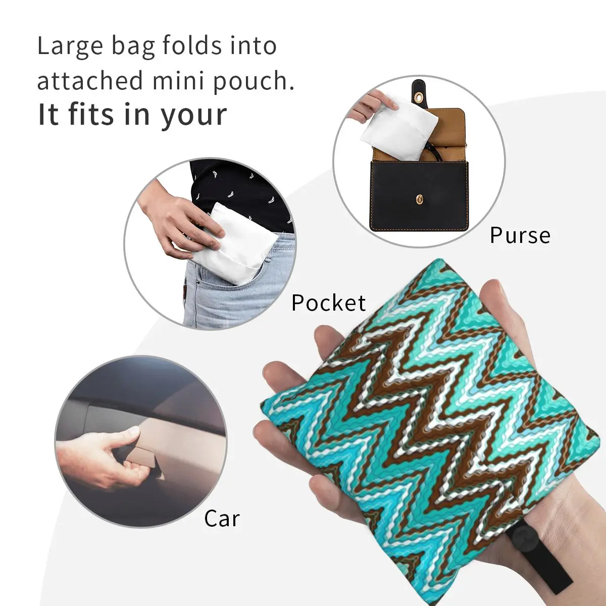 Modern Geometric Blue-ish Zig Zag Shopping Bags Women Portable Big Capacity Groceries Abstract Zigzag Boho Shopper Tote Bags