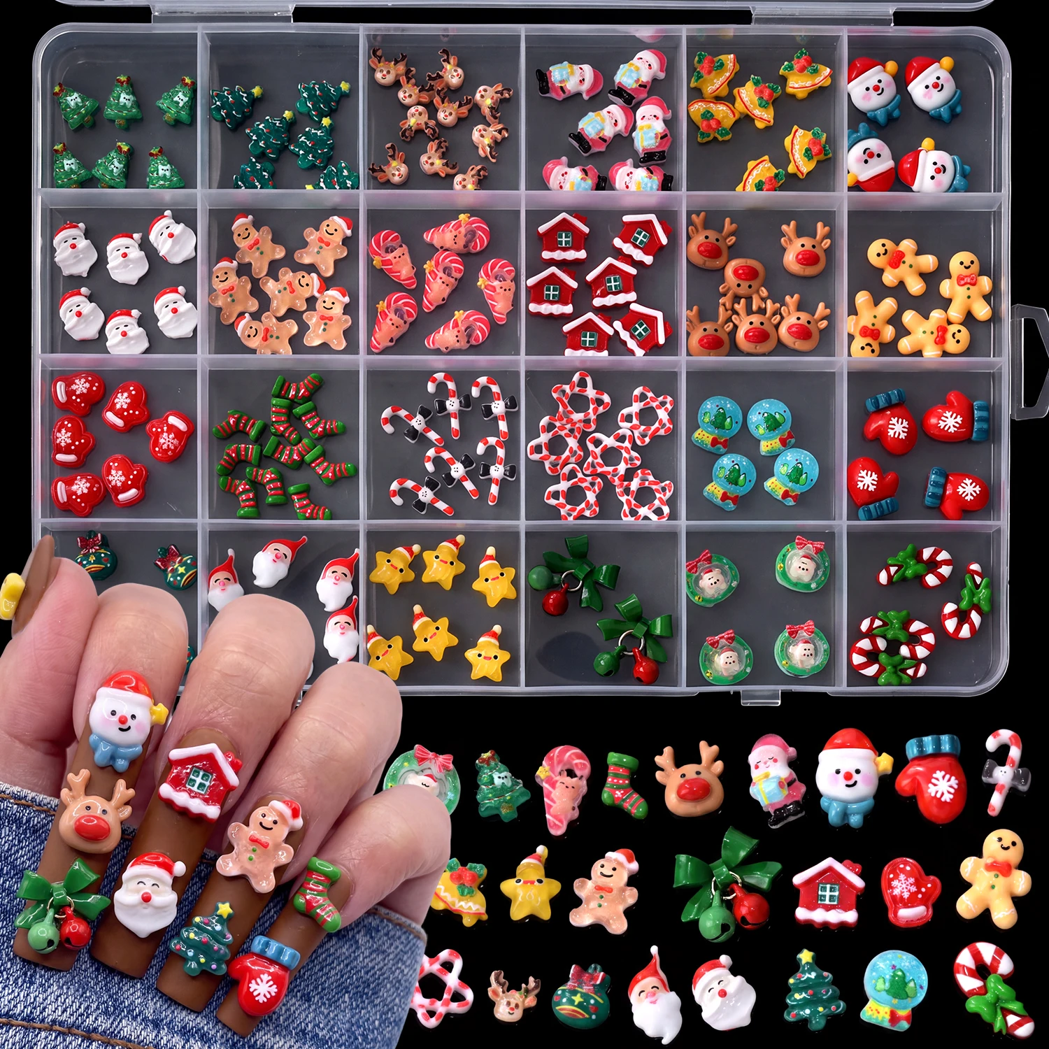 24Grids/Box Christmas 3D Resin Santa Claus Nail Charms Cartoon Gingerbread/Reindeer Gloves/Bells Nail Charms DIY Xmas Nail Craft