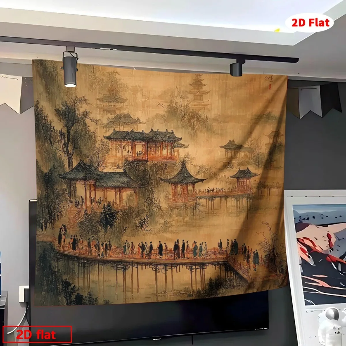 Large Chinese Palace Tapestry Wall Art Oriental Scenic Landscape Scroll Decoration Polyester Fabric for Home Decor