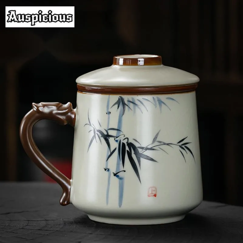 390ml Hand-painted Beige Ru Kiln Open-piece Ceramic Tea Cup Office Cup with Lid Filtered Water Cup Personal Use Mug Gift Box