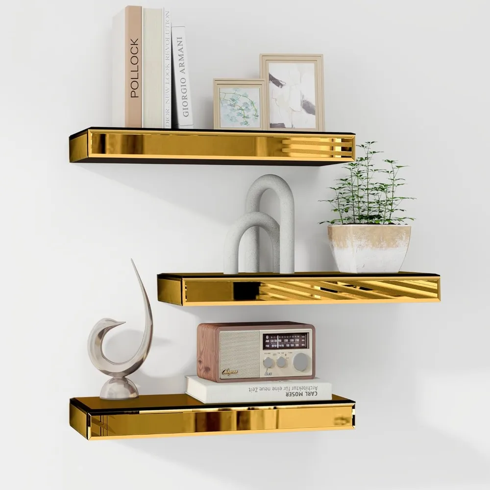 

Glass Finish Wall Shelves Set of 3, with Invisible Brackets for Bathroom, Living Room, Bedroom & Kitchen