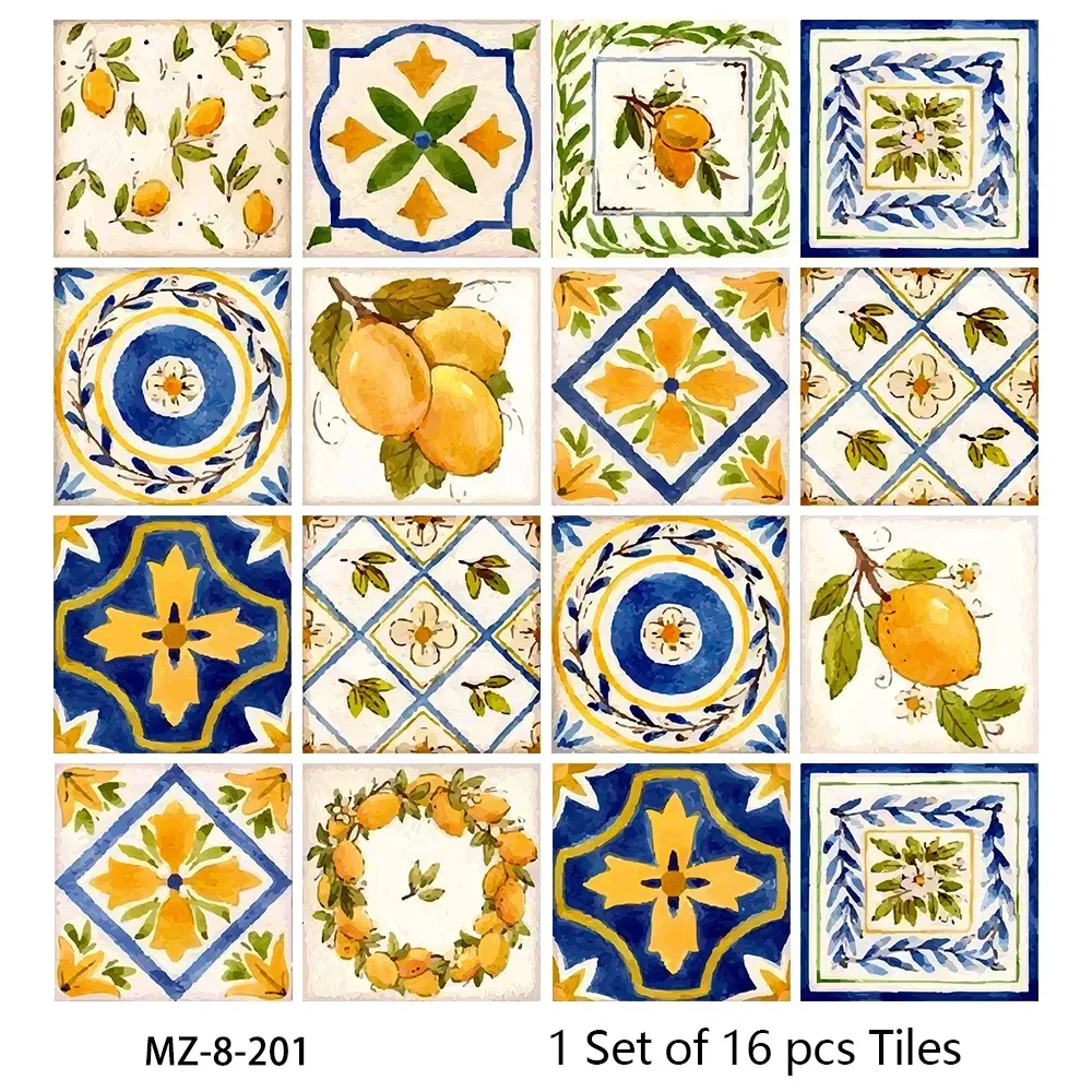 16pcs Vintage tiled tiles for living room kitchen bathroom stair decoration Self-adhesive removable film grinding wall stickers