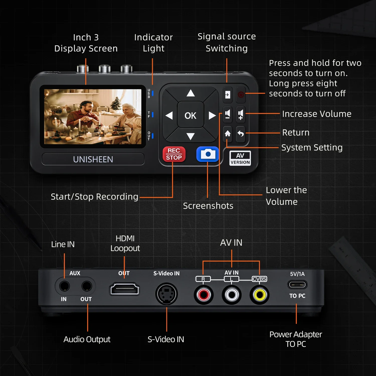 UNISHEEN Convertidor de audio y vídeo MP4 portátil con captura de control remoto CVBS/S-Video Grabadora retro para juegos Hi8