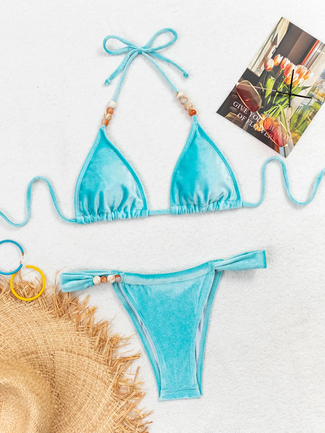 Sexy Samt Seeblau Perlen Neckholder Krawatte Bikinis Sets zweiteilig Tanga Badeanzug Badeanzug Bademode Biquini Tankini Beachwear