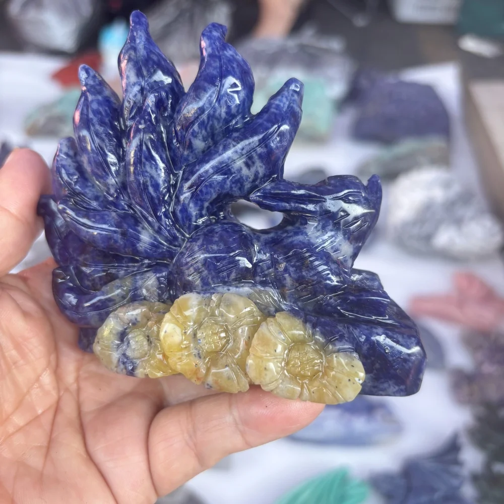 Natural Sodalite Nine Tailed Fox Flower Base Hand Carved Crystal Statue Throat Chakra Reiki Healing Stone Home Decor Gift