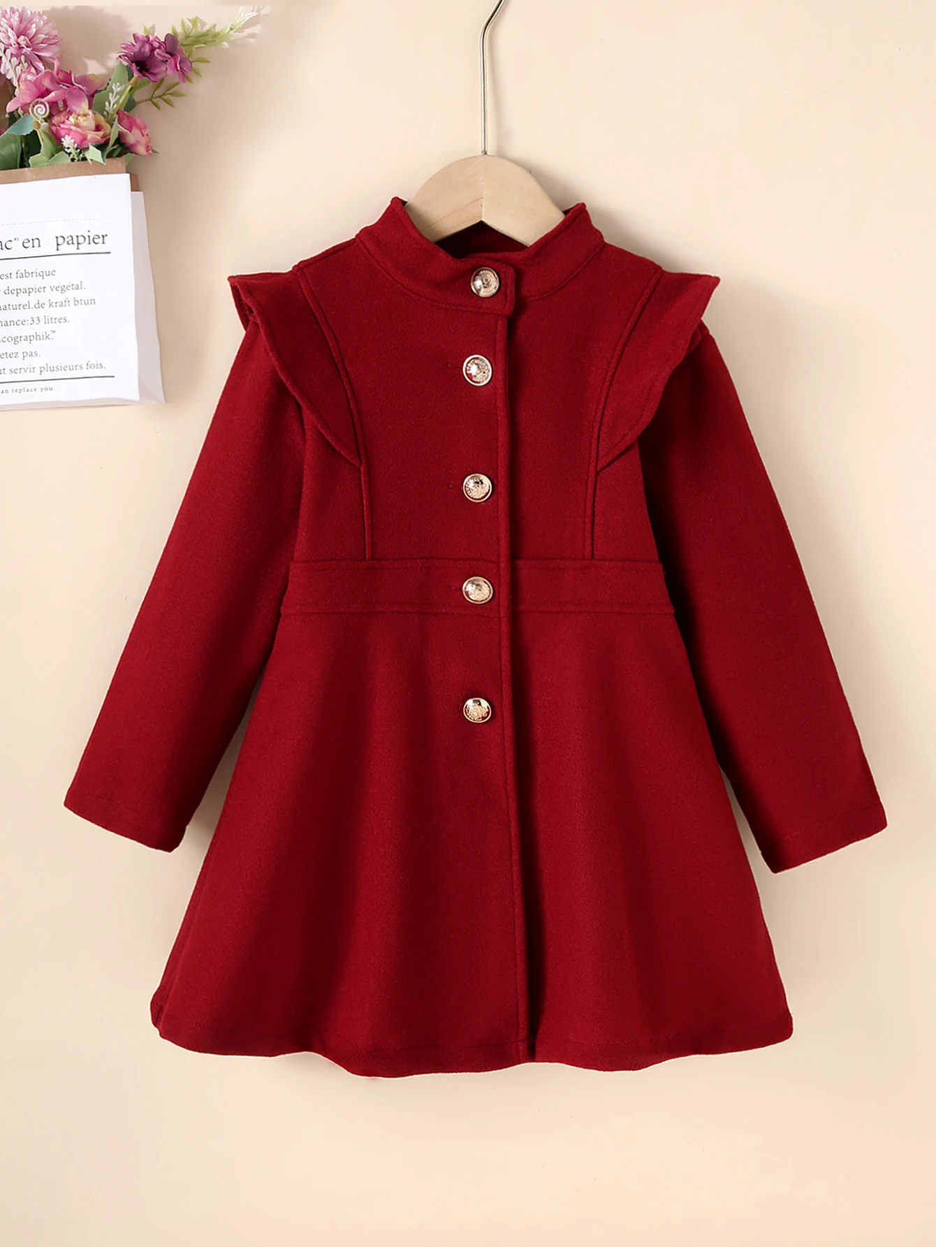 Autumn And Winter Stylish Girls\' Solid Color Small Stand Up Collar Single Breasted Woolen Coat Jacket