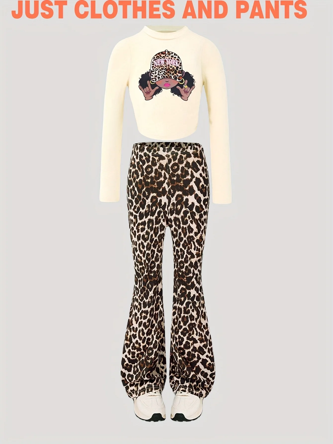 Trendy Girls 2‑Pcs Streetwear Set Cartoon Printed Crop Top Leopard Flare Trousers For Holiday School Daily Casual Outfits