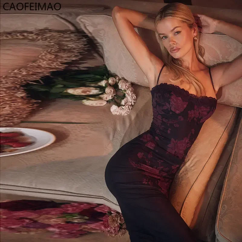 Плаissoе. 2025 Abito da ballo maxi con stampa floreale Abiti da sera sexy per celebrità in rete Abiti da donna estivi aderenti con cinturino per spaghetti