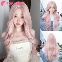 FORLISEE Light Pink Synthetic Hair Wigs Long Wavy Natural Hair Wigs with Bangs for Women Cosplay Lolita Wig Heat Resistant