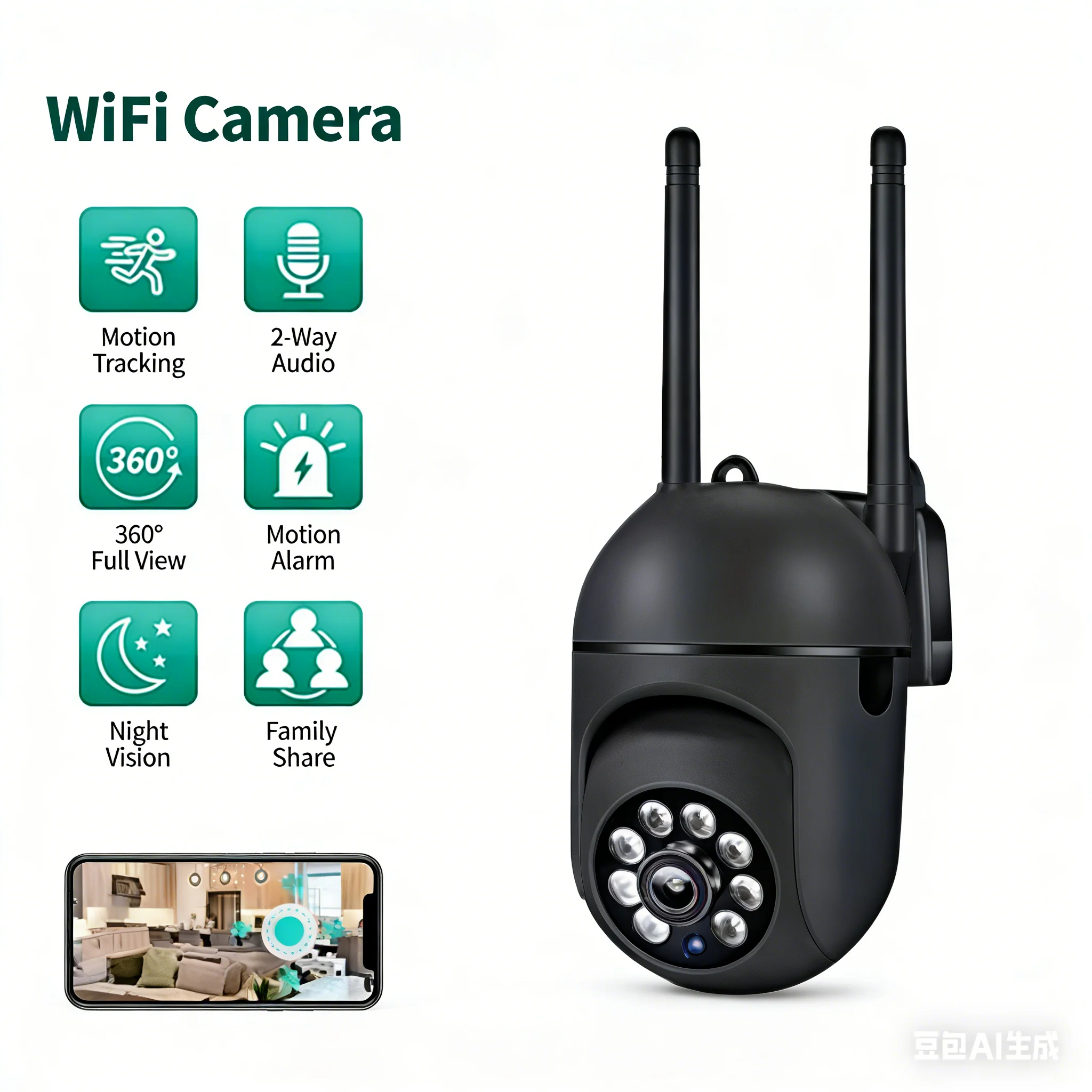 HD WiFi Security Camera 355° Pan 90° Tilt Motion Detection Night Vision Siren Alarm Wireless Home Surveillance Cam for Baby Pet