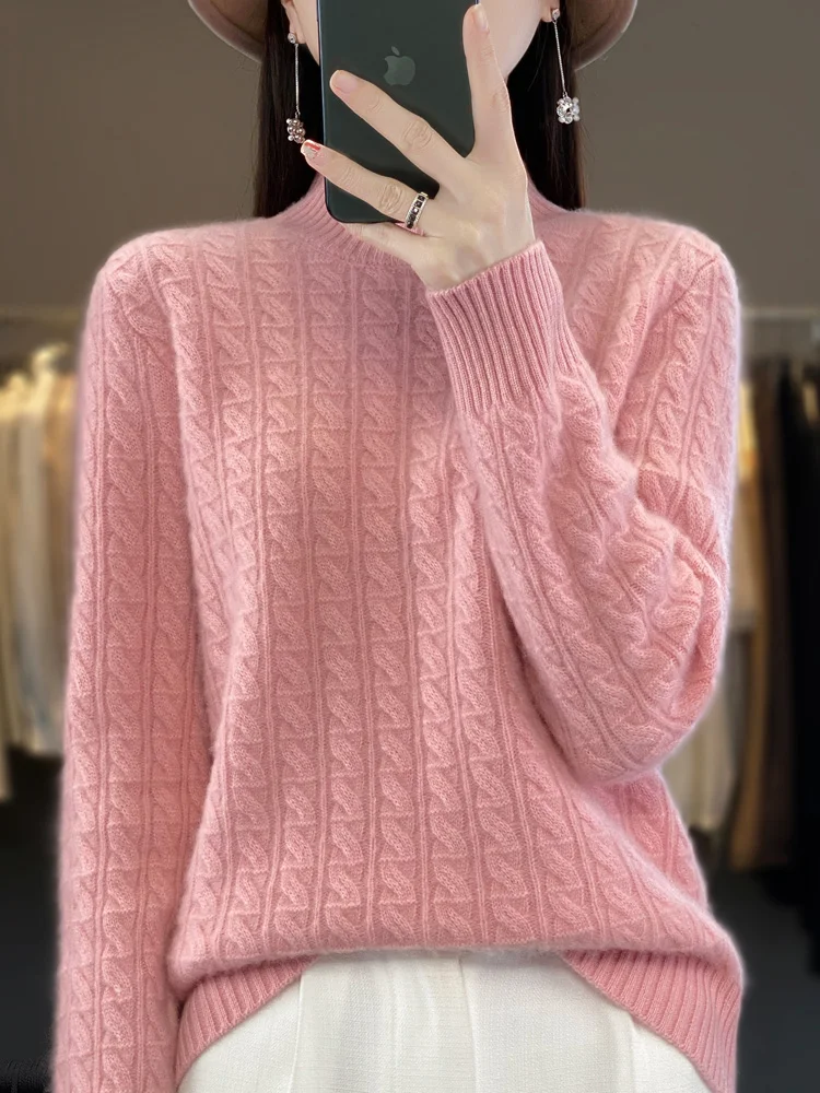 Autumn Winter Women Pullovers 100% Merino Wool Sweater Thick Warm Mock Neck Twist Casual Cashmere Knitwear Korean Fashion Tops