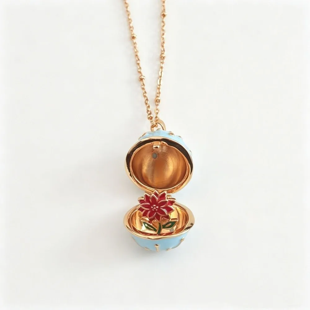 Elegant Openable Flower Necklace Copper Round Egg-shaped Box Birthday Month Necklace Vintage Style Enamel Coating