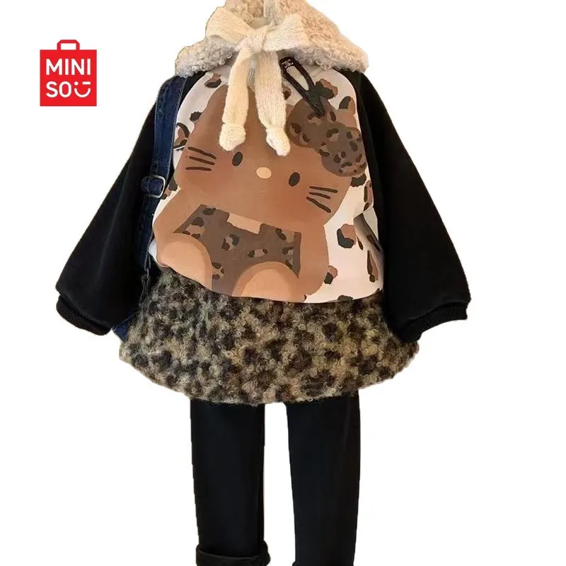 

2025 Hello Kitty Hoodie, Fleece-Lined Color Block Pullover for Girls Winter Casual Wear