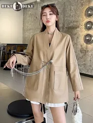 Fashion Women Chain Lace Up Stand Collar V Neck Sheepskin Genuine Leather Jacket Female Autumn Loose Fit Mid Long Trench Coat