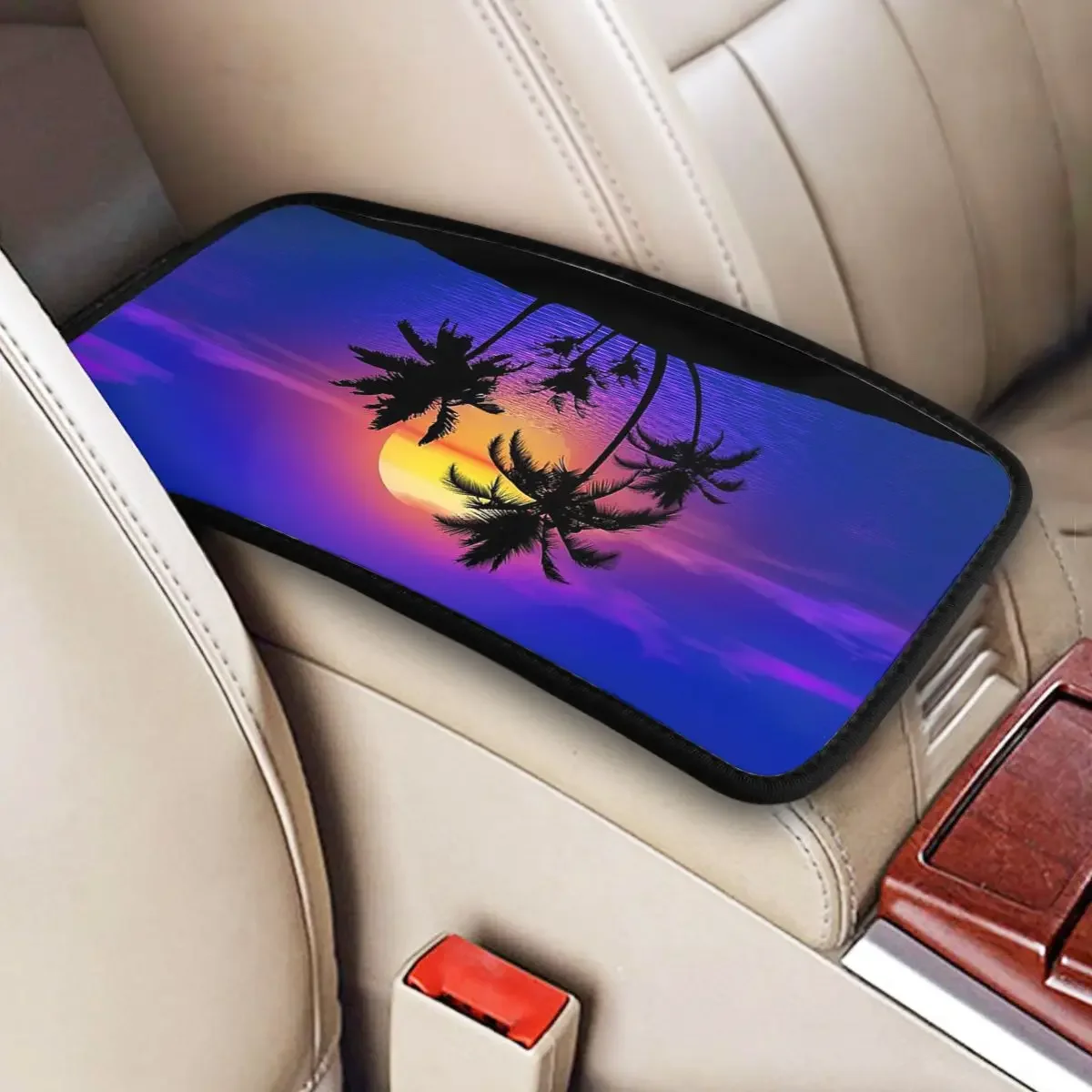 Leather Center Console Cover Pad Universal Car Accessories Tropical Sunset Palm Car Armrest Cover Mat Beach Storage Box Cover