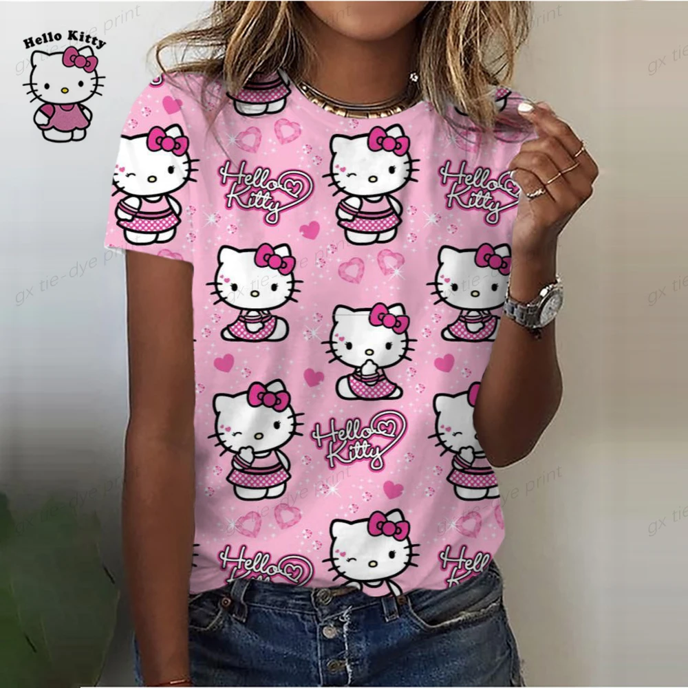 2023 New Summer Women Hello Kitty Print T Shirt Street Casual Loose T Shirts Ladies O-Neck Cartoon Print Tee Top