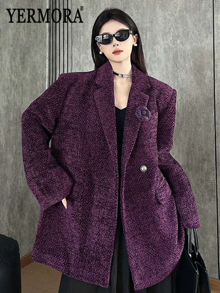 

YERMORA фиолетовый цветок на пуговицах, повседневный толстый блейзер для женщин, свободная новая куртка с лацканами и длинными рукавами, модная осень-зима 2025