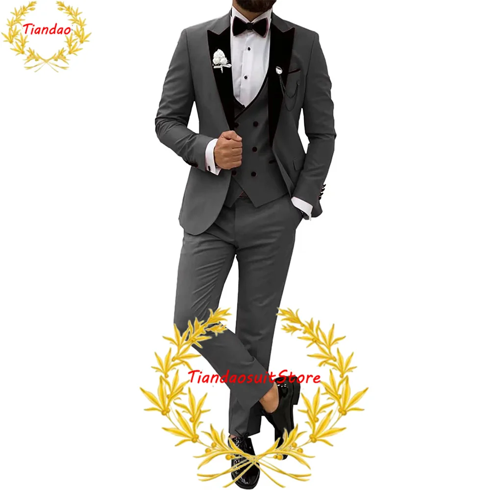 

Dark Grey Suit For Men Wedding Tuxedo Double Breasted Vest Pants Jacket 3 Piece Velvet Collar Formal Business Workwear