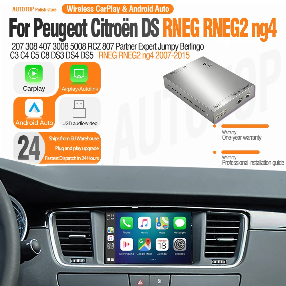 AUTOTOP CarPlay Wireless e Android Auto per Peugeot Citroen DS RNEG RNEG2 ng4 2007-15 207 308 407 RCZ C3 C4 C5 C8 DS3 DS4 AirPlay