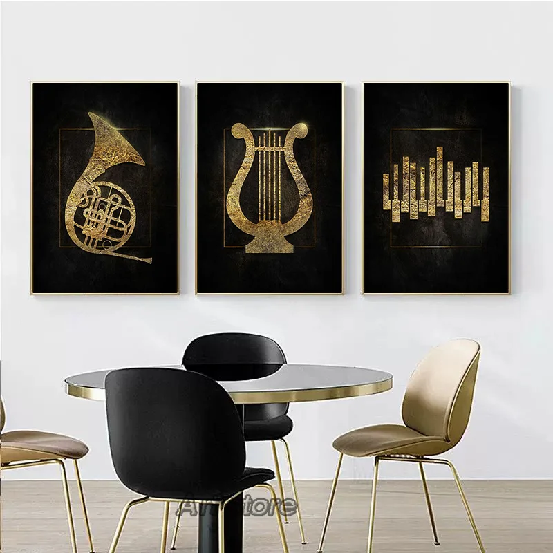 Black Golden Music Symbolic Canvas Painting Musical Instrument Posters and Prints Wall Art Picture Home Living Room Decoration