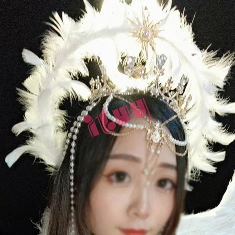 اليدوية هالة تاج خوذة لوليتا آلهة KC القوطية الأبيض الملاك ريشة أجنحة هالة كريستال عقال للرأس على شكل تاج إكسسوارات الشعر