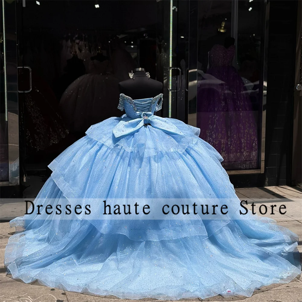 Vestidos De Quinceañera con apliques De cristales De tul azul cielo, volantes De lazo escalonado, vestido De baile De 16 cumpleaños, 15 Quinceañera, 2024