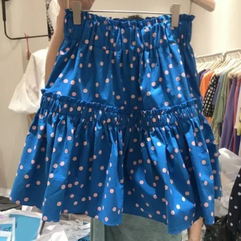Holiday Sweet Lady Young Girls Blue Polka Dot Ruffled Tiered Mini Skirt Women's Casual Summer Elastic Waist Short Skirt