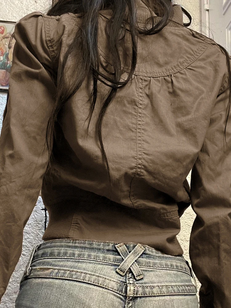 Vintage Cropped Jackets Women Harajuku Casual Slim Fit Zipper Coat Y2K Streetwear Long Sleeve Outerwear Autumn New Arrival