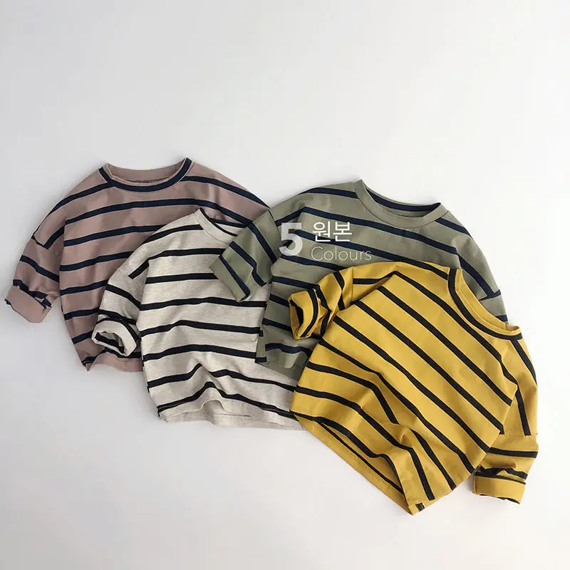

Детская футболка с длинным рукавом Корейская весенне-Осенняя детская повседневная полосатая футболка хлопковый модный топ для мальчиков и девочек