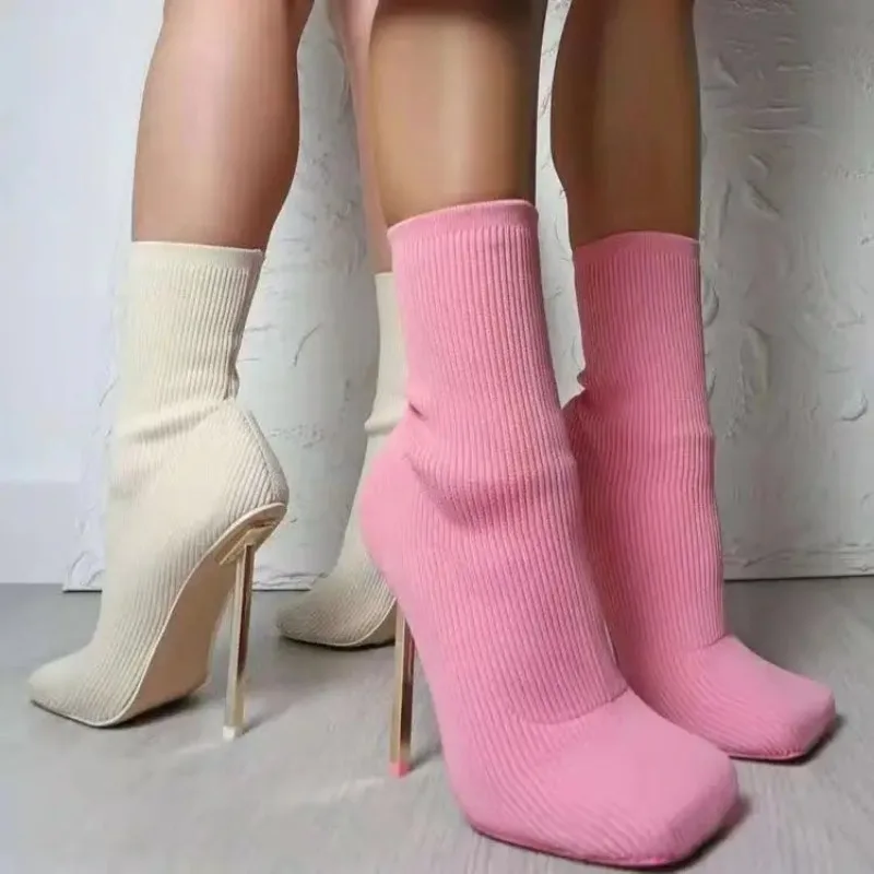 Large Size 43 Sexy Party Sock Boots Women Thin High Heels Fashion Shoes Spring Autumn Female Square Toe Stretch Ankle Boots