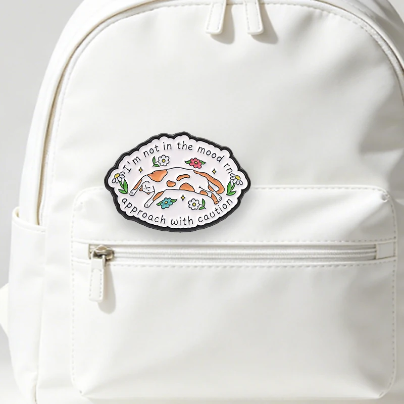 I'm Not In The Mood Rn Approach With Caution Badge Cute Calico Cat & Floral Enamel Pin Social Reminder Brooch Jacket Brooch Gift