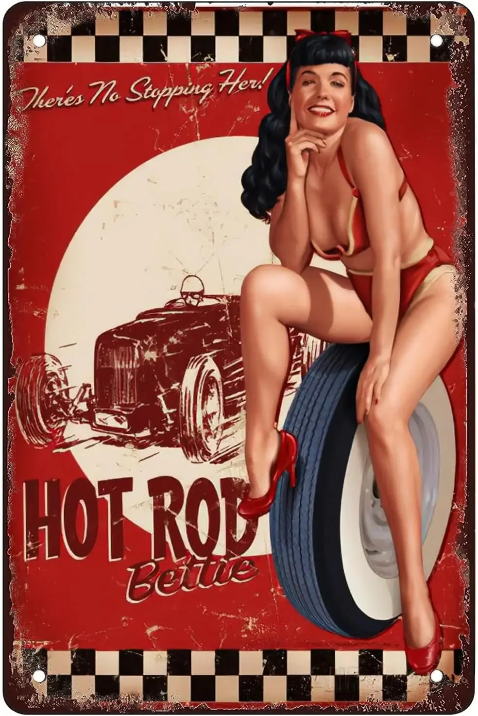 Retro tin sign Hot Rod Bettie Pinup Girls Interesting metal sign wall art decoration suitable for garage, bar, restaurant, li