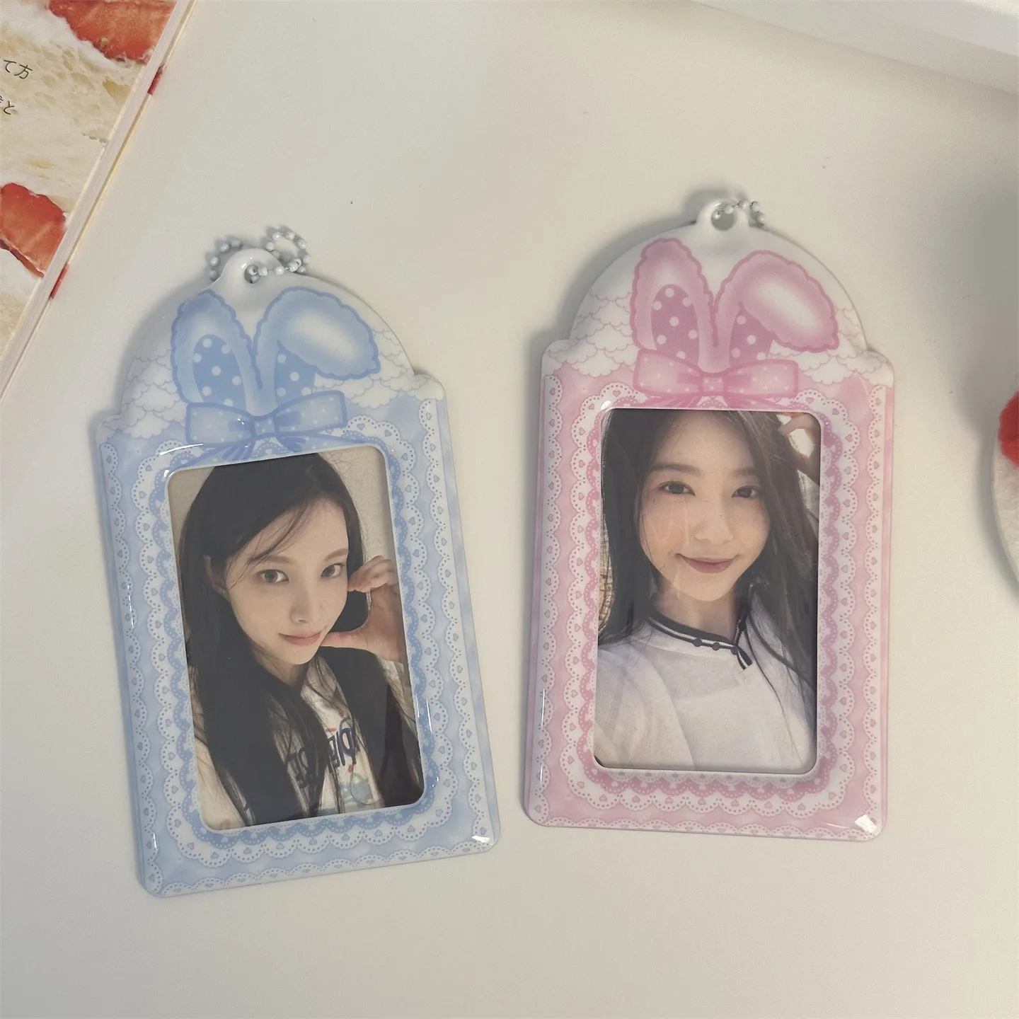 Cute Rabbit Ears Card Holder Album Storage Keyring Pendant Korean Kpop Idol Photo Card Sleeve Protective Film Game Card Cover